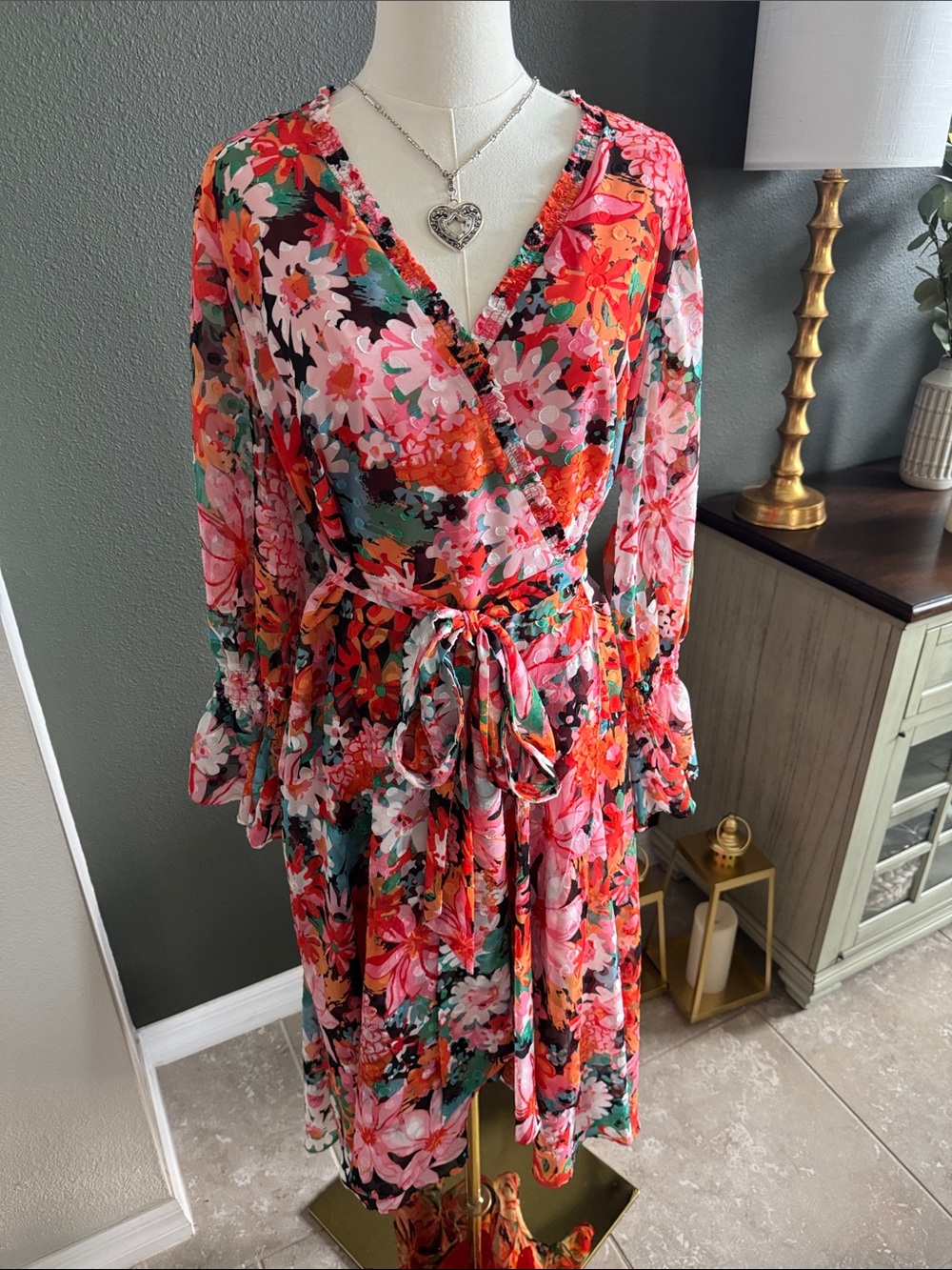 Flowing Floral High-Low Wrap Dress in Coral Pink